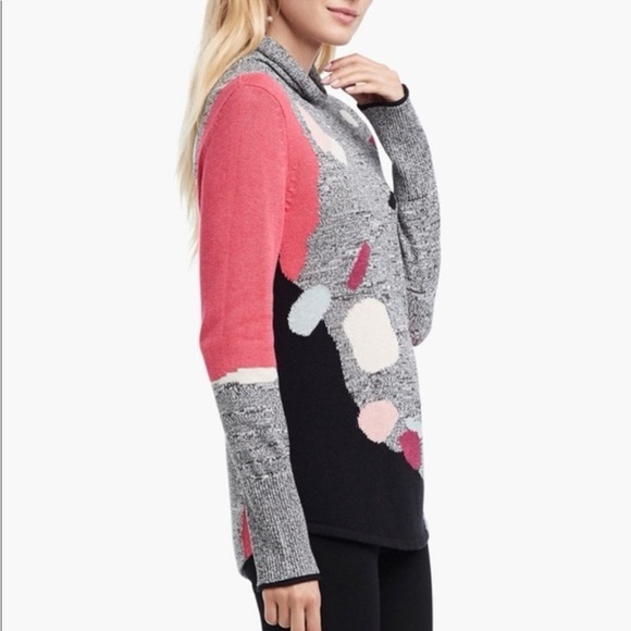 Nic + Zoe Petite Turtleneck Gray Black Pink Abstract Intarsia Sweater Small - Picture 2 of 11